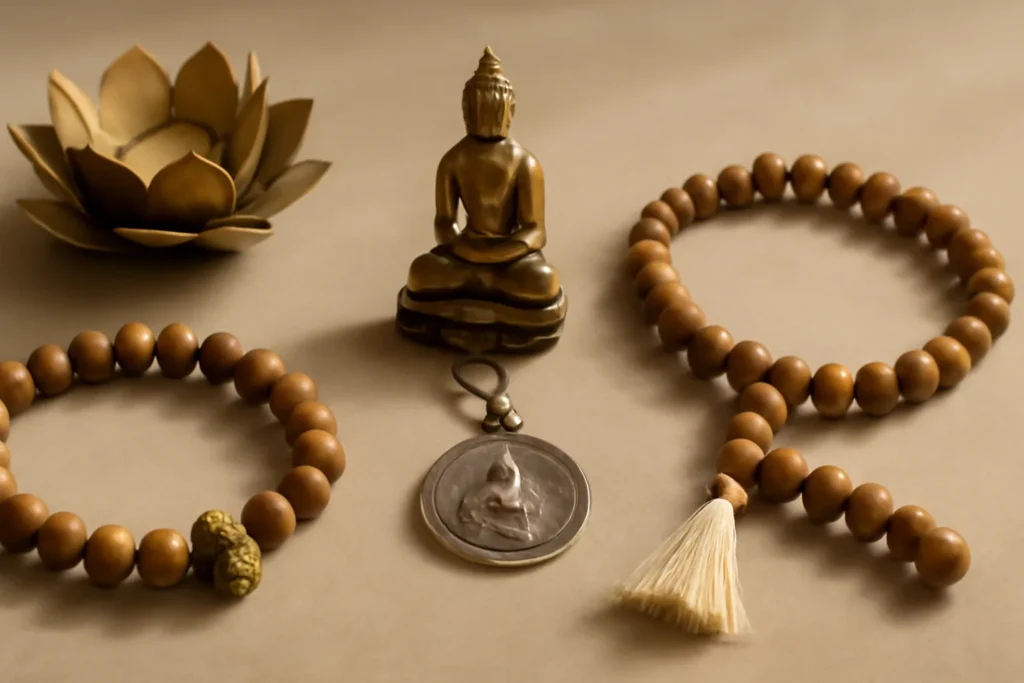 Elegant lifestyle photo of spiritual jewelry and Buddhist