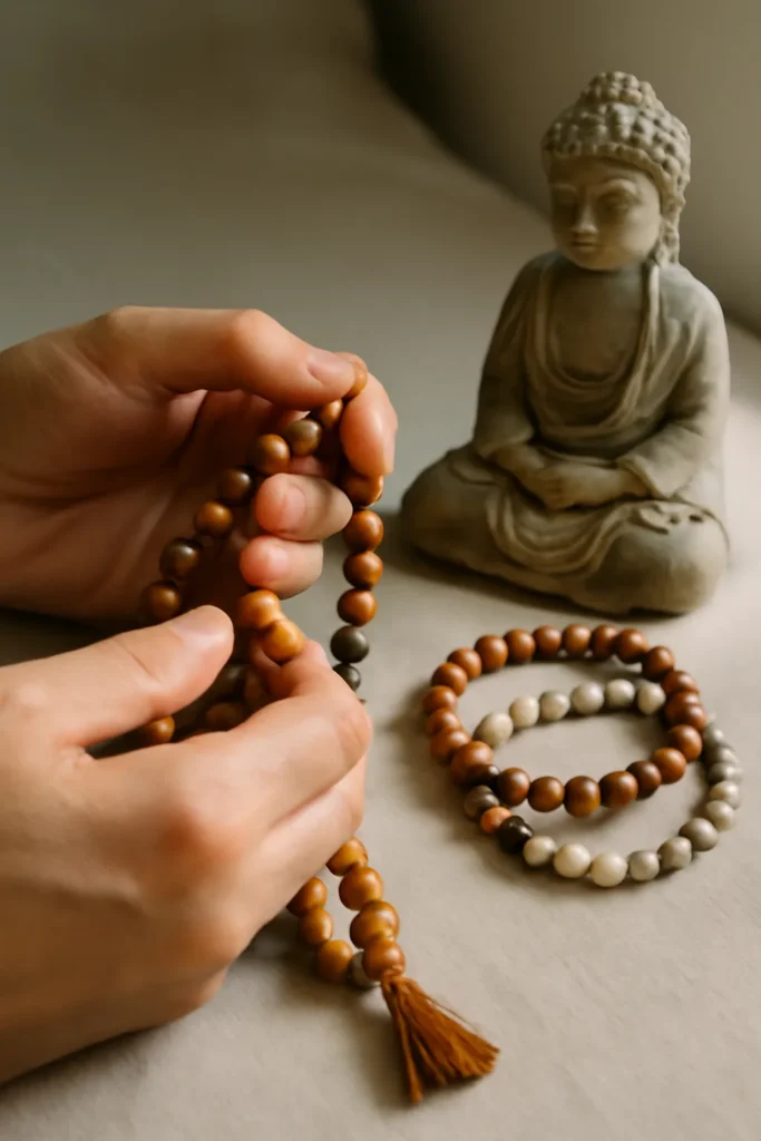 Close-up real photo of hands holding prayer beads