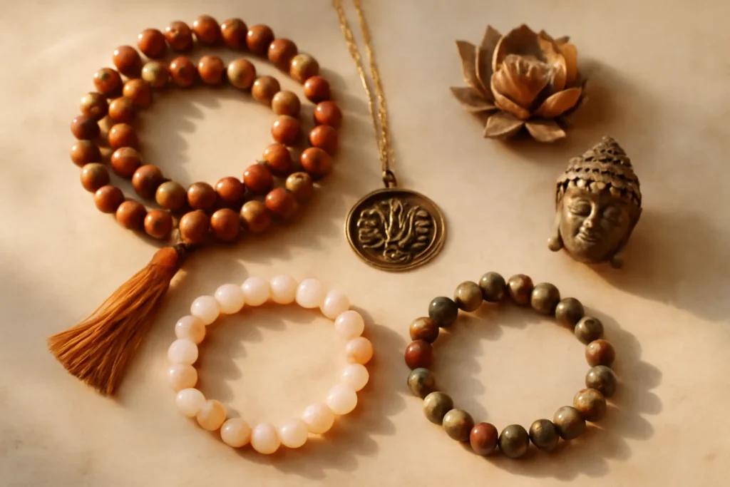Elegant flat lay of spiritual jewelry and Buddhist