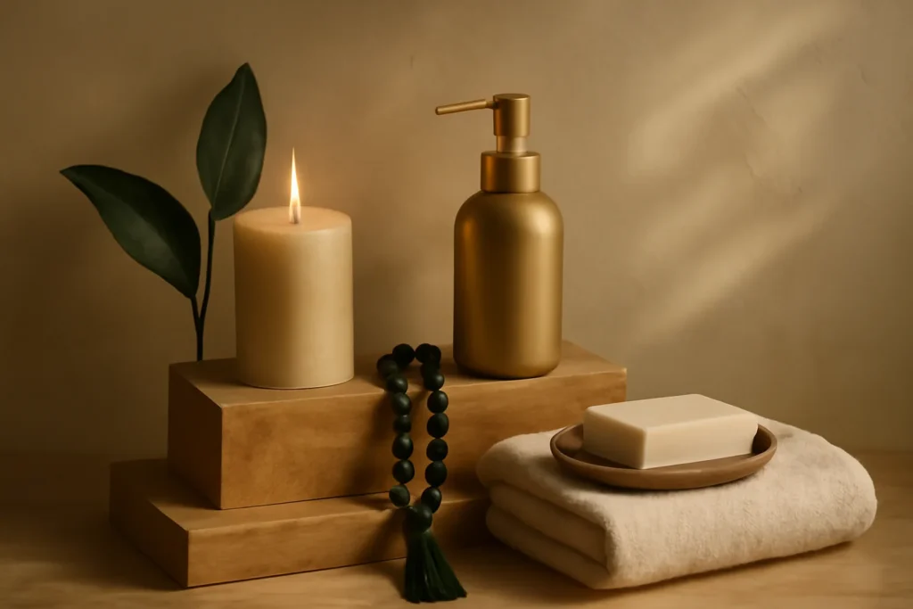 Serene, sacred-luxury style with mindful mood, soft diffused